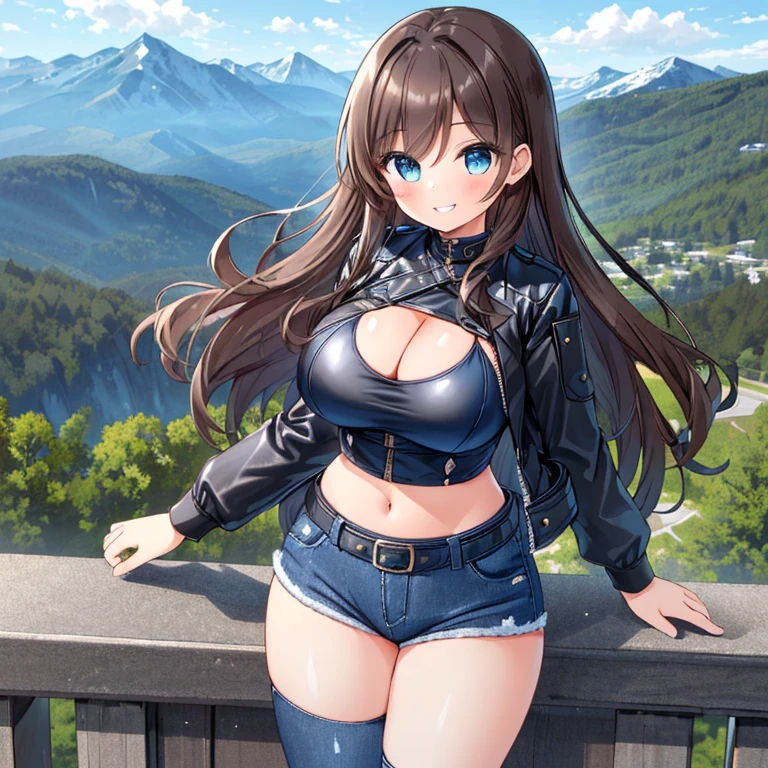 ((Masterpiece)), ((1girl)), ((Best Quality)), ((Perfectly Drawn)), ((Best Detail)). A Beautiful Cute Girl, Extremely Big Breasted, ((Lush, Long DarkBrown Hair)), (Big Beautiful Blue Eyes), incredibly wide hips, ((worn Black-Leather-Jacket)), (Dark-Blue Spandex Cropped top), and (DarkBlue Jeans), with a soft grin, Beautiful view of mountains in the background, Big Cleavage,