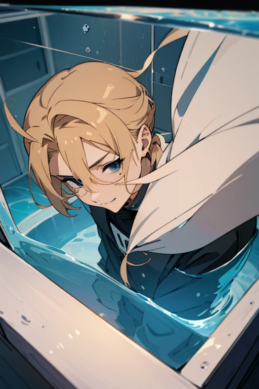1 man with blond hair ((two long strands of hair on the sides of his face)) in the middle of the bangs, the strand is black, short hair. hair tied up in a bun behind. black eyes. big blue coat, white t-shirt, black turtleneck, solo. sly smile, narrow eyes
Located in an aquarium full of water. Located in a cube. View from above. Shards. Water. Empty space