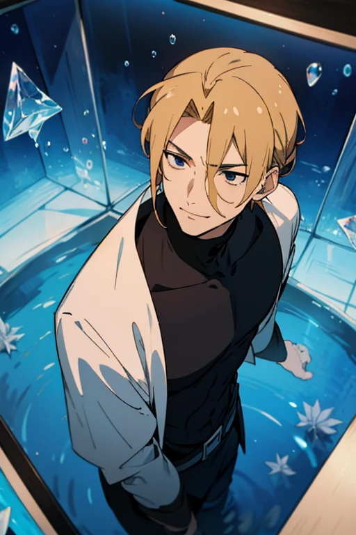 1 man with blond hair ((two long strands of hair on the sides of his face)) in the middle of the bangs, the strand is black, short hair. hair tied up in a bun behind. black eyes. big blue coat, white t-shirt, black turtleneck, solo. sly smile, narrow eyes
Located in an aquarium full of water. Located in a cube. View from above. Shards. Water. Empty space