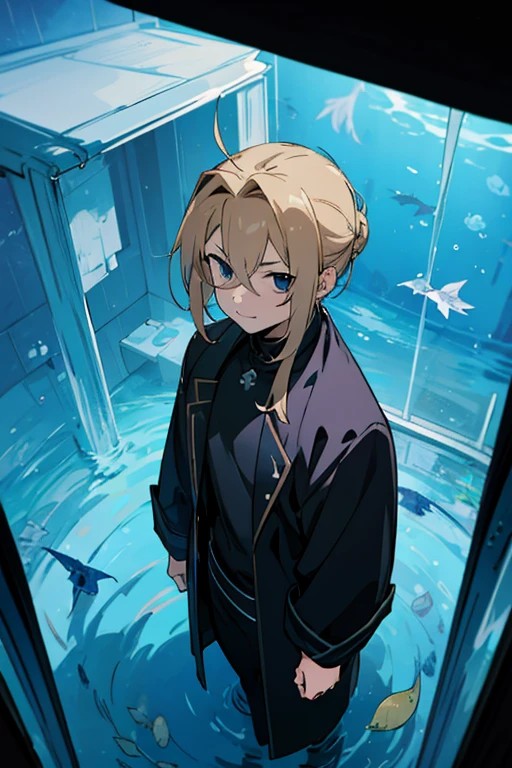 1 man with blond hair ((two long strands of hair on the sides of his face)) in the middle of the bangs, the strand is black, short hair. hair tied up in a bun behind. black eyes. big blue coat, white t-shirt, black turtleneck, solo. sly smile, narrow eyes
Located in an aquarium full of water. Located in a cube. View from above. Shards. Water. Empty space