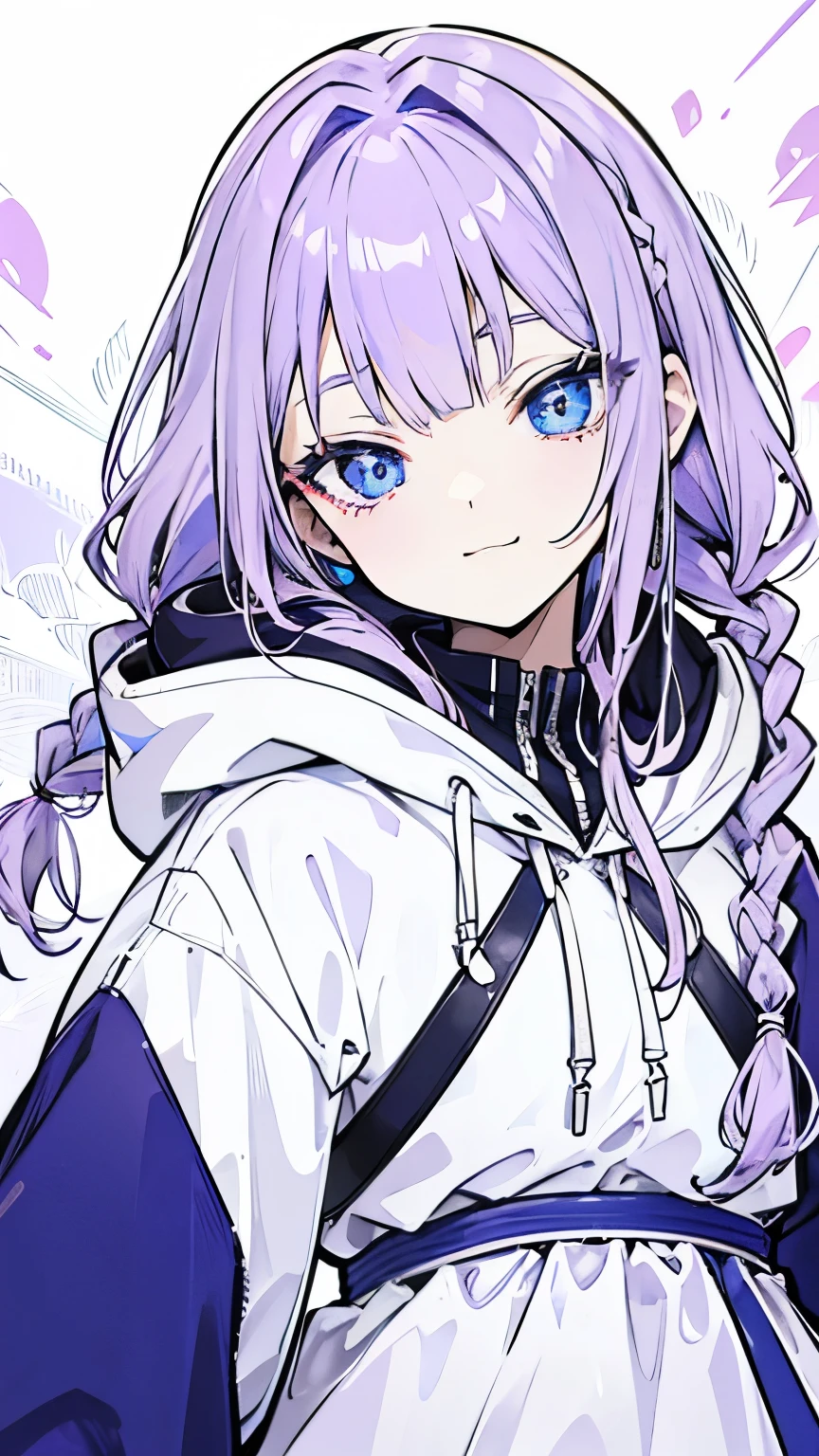 Line art, masterpiece, highest quality, Super Detail、Braid、Oversized hoodie,Light purple hair、Beautiful bright blue eyes,smug face,✨✨