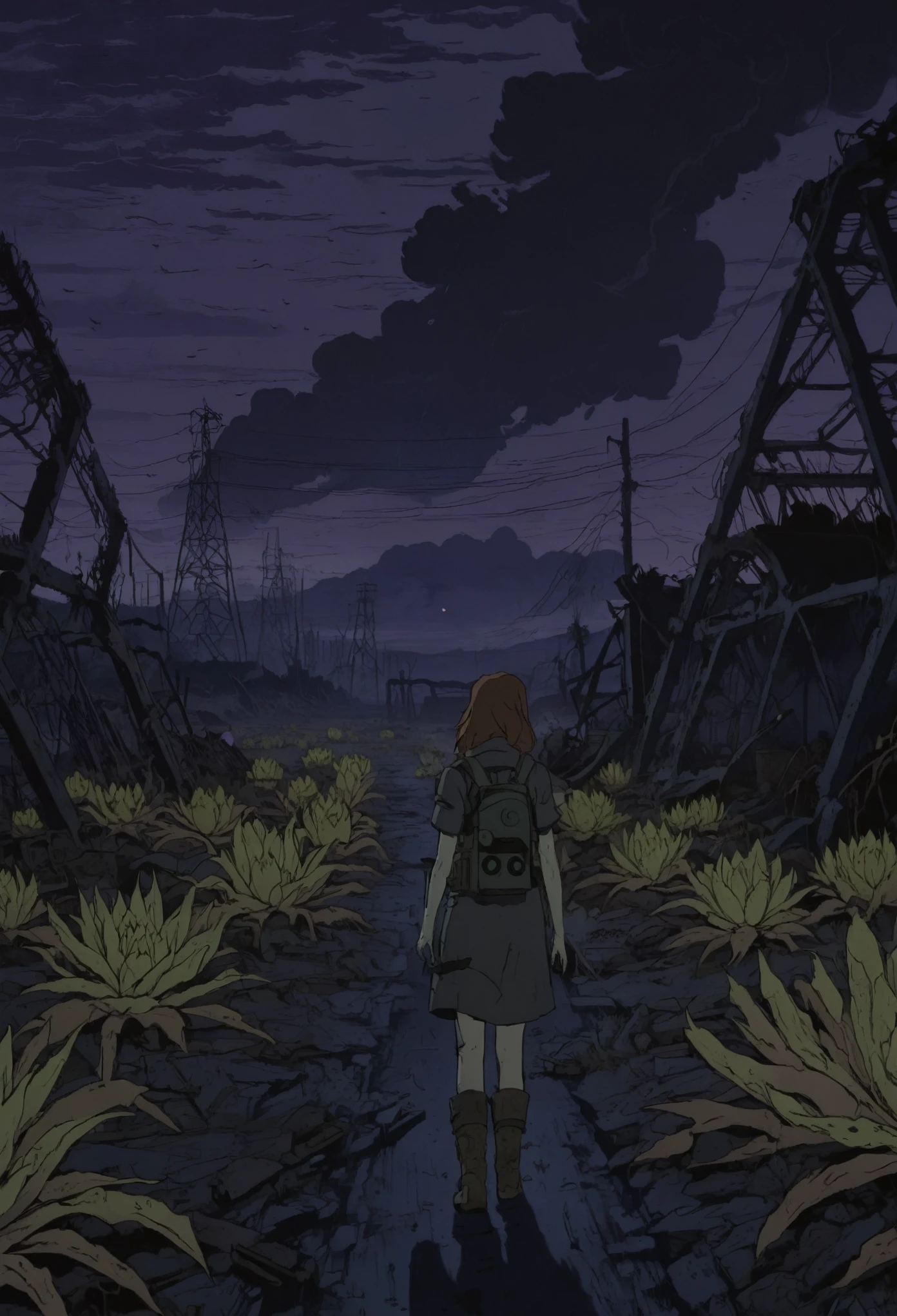 Flat 2D Art,  (((girl))), nuclear wasteland, plants regaining territory, desolation, eerie atmosphere, (dark and moody:1.0), (loneliness:1.ost-apocalyptic:1.2).