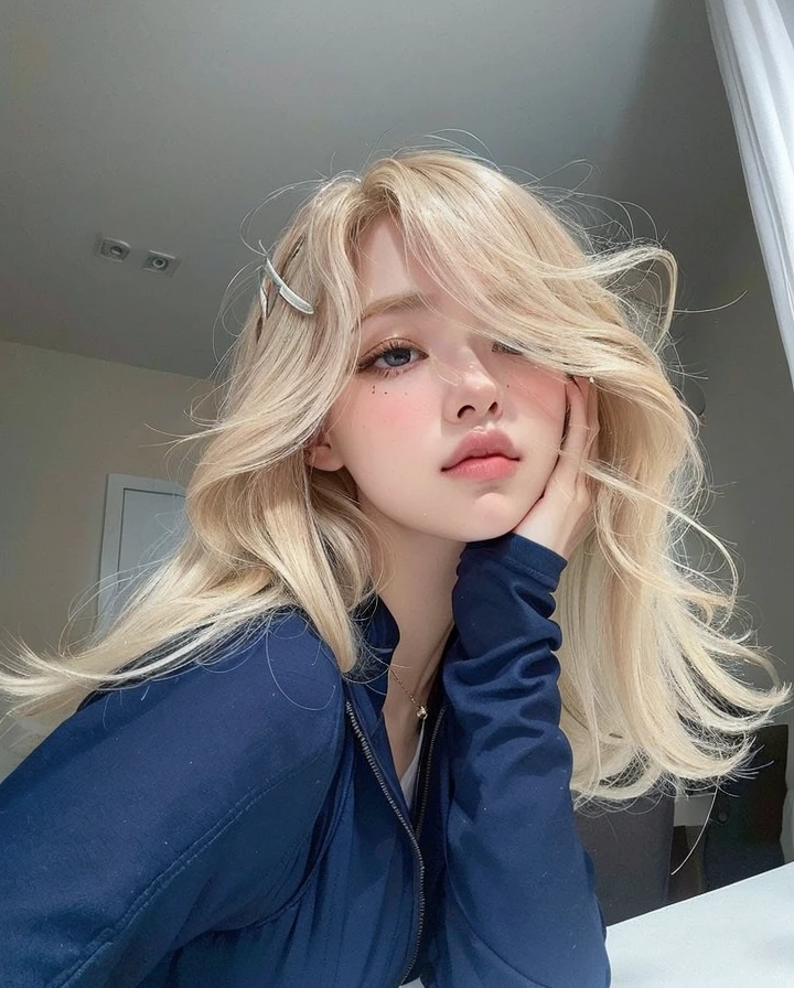Mujer rubia con ojos azules y cabello largo y rubio posando para una selfie., una chica con cabello rubio, pale skin curly blonde hair, sydney sweeney, con pelo largo y rubio, flequillo de cortina, ava max, yelena belova, con flequillo, Lalisa Manobal, aleteo de volumen intrigante, extremely pale blonde hair, cabello con flequillo blanco, Kailee Mandel