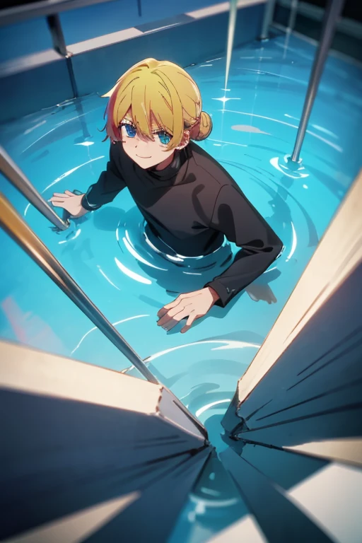 1 man with blond hair ((two long strands of hair on the sides of his face)) in the middle of the bangs, the strand is black, short hair. hair tied up in a bun behind. black eyes. big blue coat, white t-shirt, black turtleneck, solo. sly smile, narrow eyes
Located in an aquarium full of water. Located in a cube. View from above. Shards. Water. Empty space