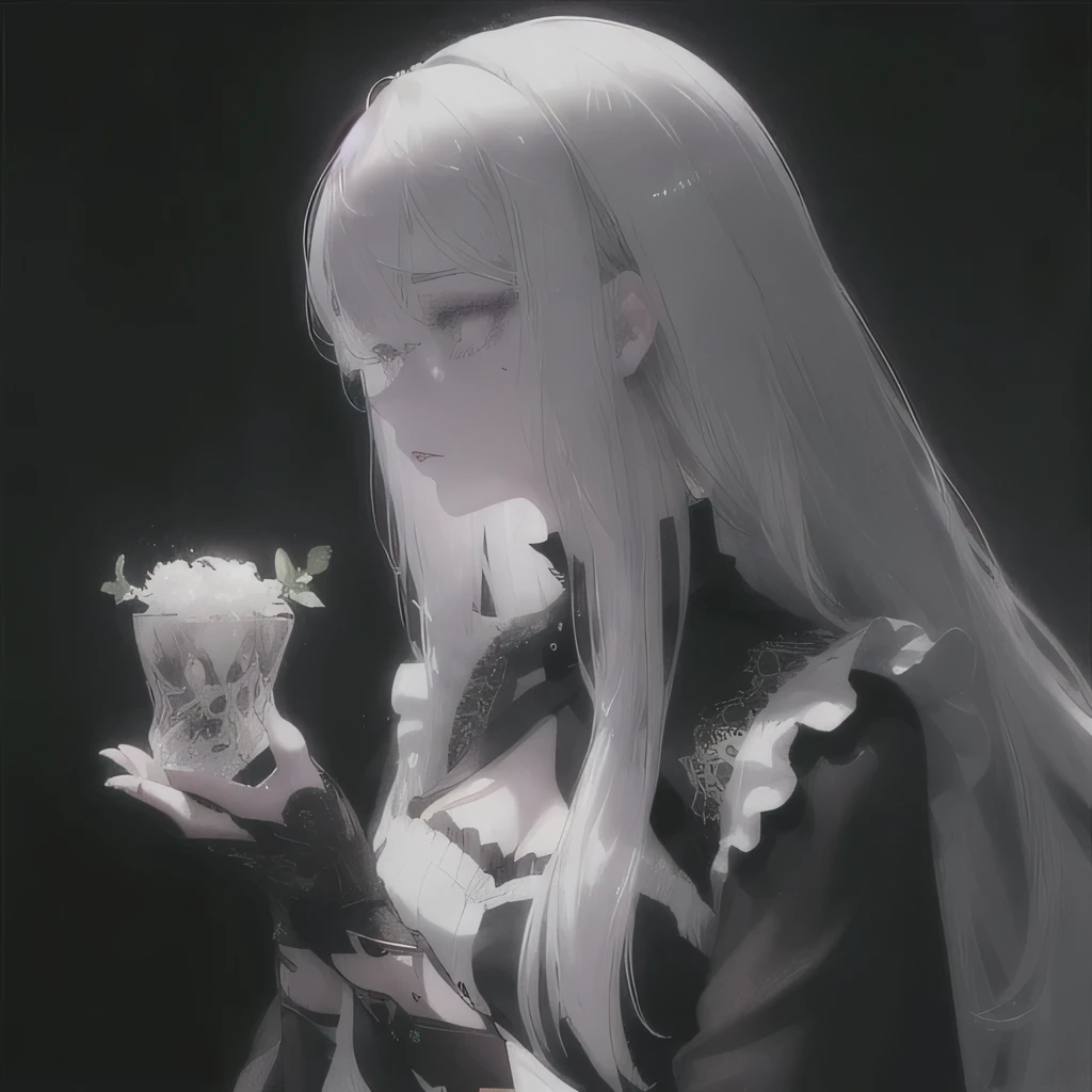 Anime -  a young woman with white long hair and a black top, Girl with white hair, Perfect white haired girl, Bright Gray Eyes, flowers on hair,( Smart Design, Sharp lines, High sharpness,top quality, very detailed, masterpiece, lighting effects in cinema, 4K )pure White background, light gray haired girl with beautiful eyes tattered and torn dress sitting in the corner of a dark room, Anime - a style portrait of a woman with white long hair and a black top, Girl with white hair, Perfect white haired girl, Bright Gray Eyes, flowers on hair,( Smart Design, Sharp lines, High sharpness,top quality, very detailed, masterpiece, lighting effects in cinema, 4K )pure White background, "A close-up photo of a gorgeous white haired woman, in hyperrealistic detail, with a slight hint of loneliness in her eyes. Her face is the center of attention, with a sense of allure and mystery that draws the viewer in, but her eyes are also slightly downcast, as if a sense of loneliness is lingering in her thoughts. The detailing of her face is stunning, with every pore, freckle, and line rendered in vivid detail, but the image also captures the subtle emotions of loneliness that might lie beneath her surface."