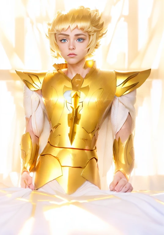 Real life adaption of this character, A boy cosplayed as a saint seiya gold saint, golden armour with friezes, (((((photorealistic style raw)))), blonde hairs, blue eyes, holy sword friezes, blonde hairs, caucasian race, realistic light,realistic shadow,realistic background,(photorealistic:1.2),realistic hands