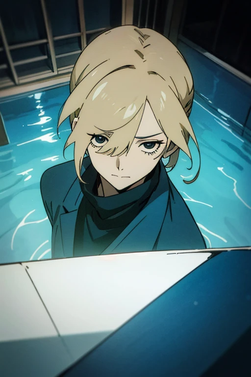 1 man with blond hair ((two long strands of hair on the sides of his face)) in the middle of the bangs, the strand is black, short hair. hair tied up in a bun behind. black eyes. big blue coat, white t-shirt, black turtleneck, solo. sly smile, narrow eyes
Located in an aquarium full of water. Located in a cube. View from above. Shards. Water. Empty space