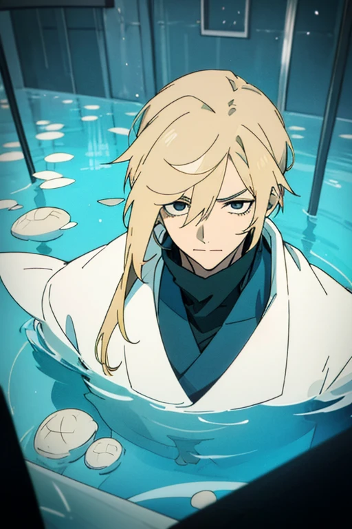 1 man with blond hair ((two long strands of hair on the sides of his face)) in the middle of the bangs, the strand is black, short hair. hair tied up in a bun behind. black eyes. big blue coat, white t-shirt, black turtleneck, solo. sly smile, narrow eyes
Located in an aquarium full of water. Located in a cube. View from above. Shards. Water. Empty space