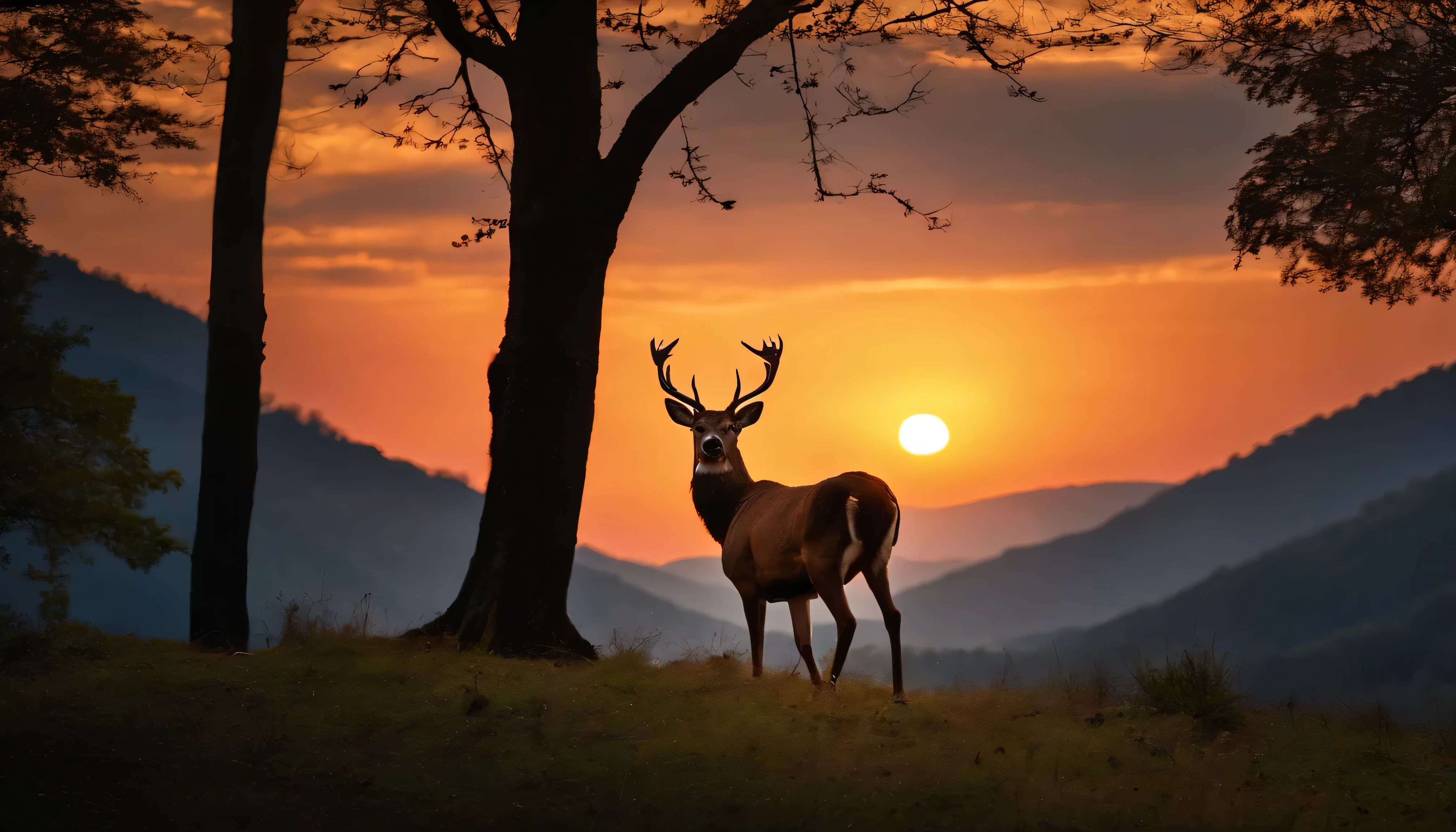 in back view forest, around hills, in midle sun set and deer standing on hill or clif