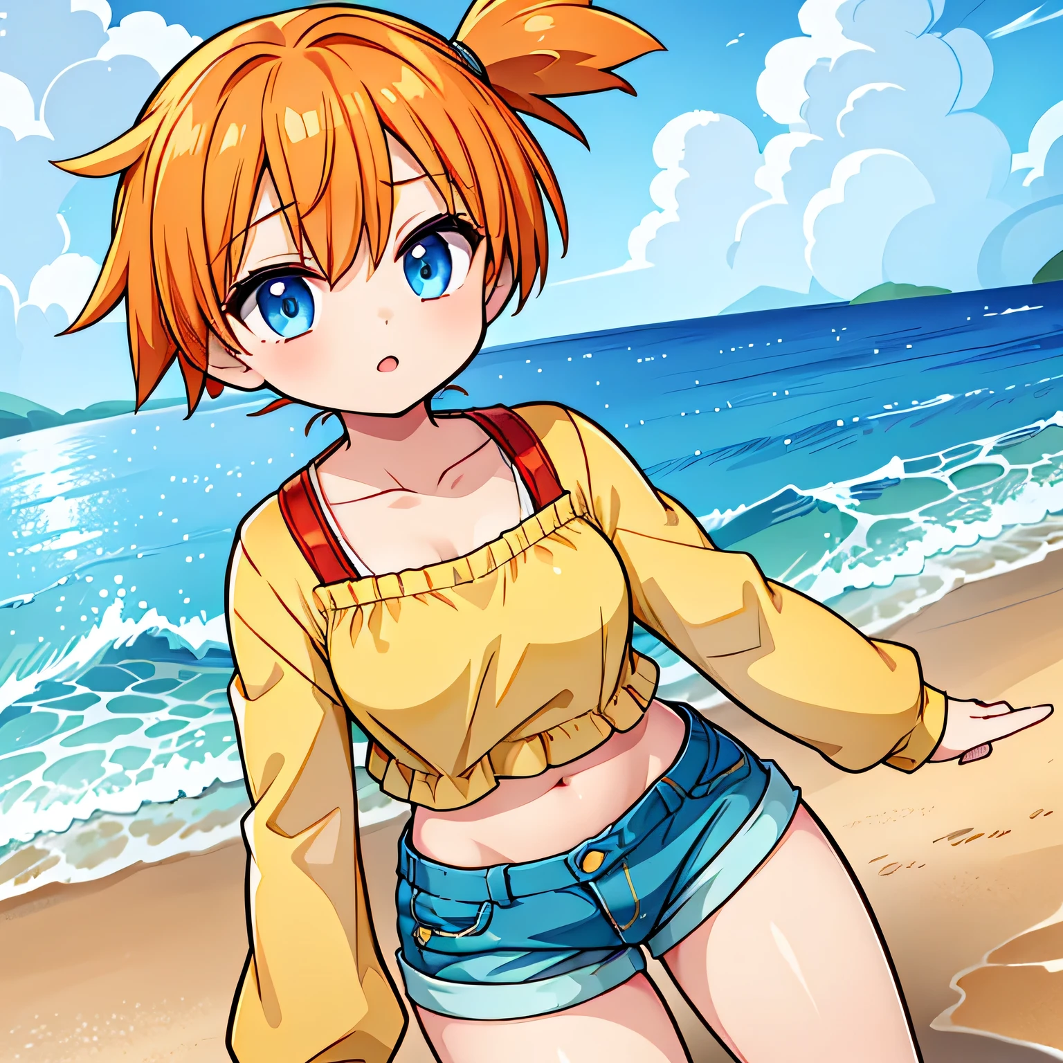 1 Girl, flat breasts, short orange hair, blue eyes, short yellow blouse, red braces, short jeans, on the beach, legs