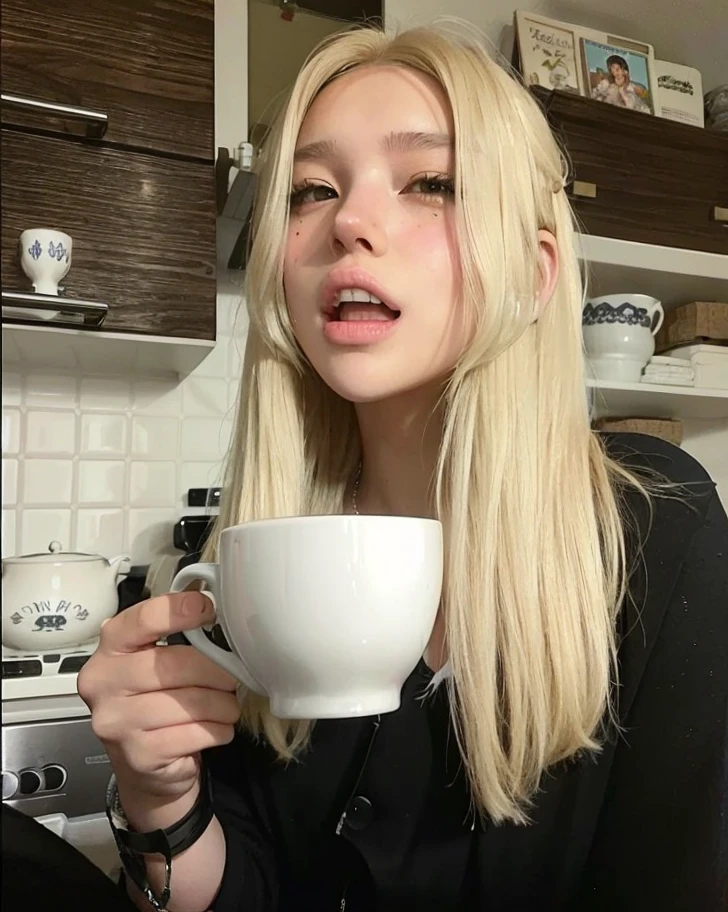 Blonde woman with long hair holding a cup of coffee in the kitchen., anna nikonova aka new milkmaid, con pelo largo y rubio, yelena belova, extremely pale blonde hair, very very pale blonde hair, drinking coffee, es ((drinking a cup of tea)), con cabello rubio muy largo, Dasha Taran, tomando un cafe, chica sexy con cabello largo y rubio