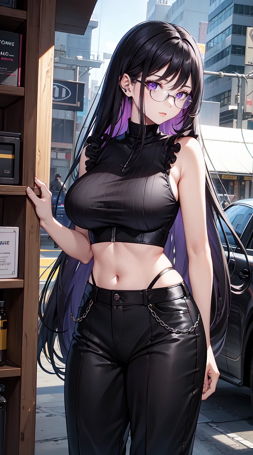 young girl, Long black hair, violet eyes, eyeglasses, Black sleeveless shirt, Huge-breasts, pants, fuel oil, An overly curious person, Masterpiece, hiquality