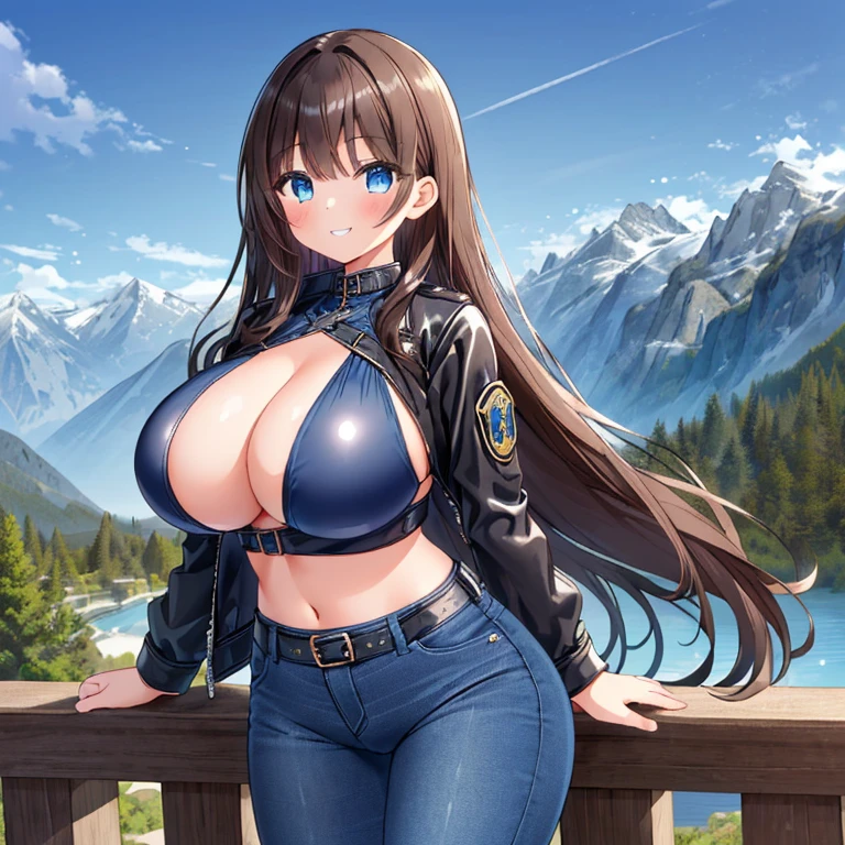 ((Masterpiece)), ((1girl)), ((Best Quality)), ((Perfectly Drawn)), ((Best Detail)). A Beautiful Cute Girl, (Extremely Overwhelmingly Huge Breasts), ((Lush, Long DarkBrown Hair)), (Big Beautiful Blue Eyes), incredibly wide hips, ((Black-Leather-Jacket)), (Dark-Blue Spandex Cropped top), and (DarkBlue Jeans), with a soft grin, Beautiful view of mountains in the background, Big Cleavage,