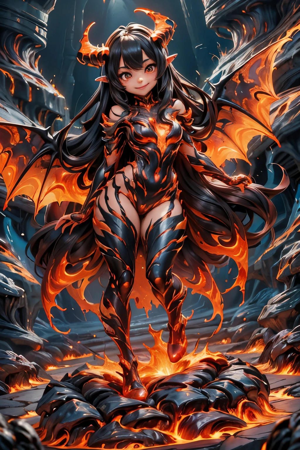 best quality, masterpiece, magma material, a beautiful succubus smiling (((made of magma))), flaming horns, wings of lava, (((body made of lava))), flesh made of lava, outfit made of ((lava)), large hair ((made of lava material)), photoshoot pose, dynamic pose, lava material, underworld fire scene, creepy, horror style, SFW