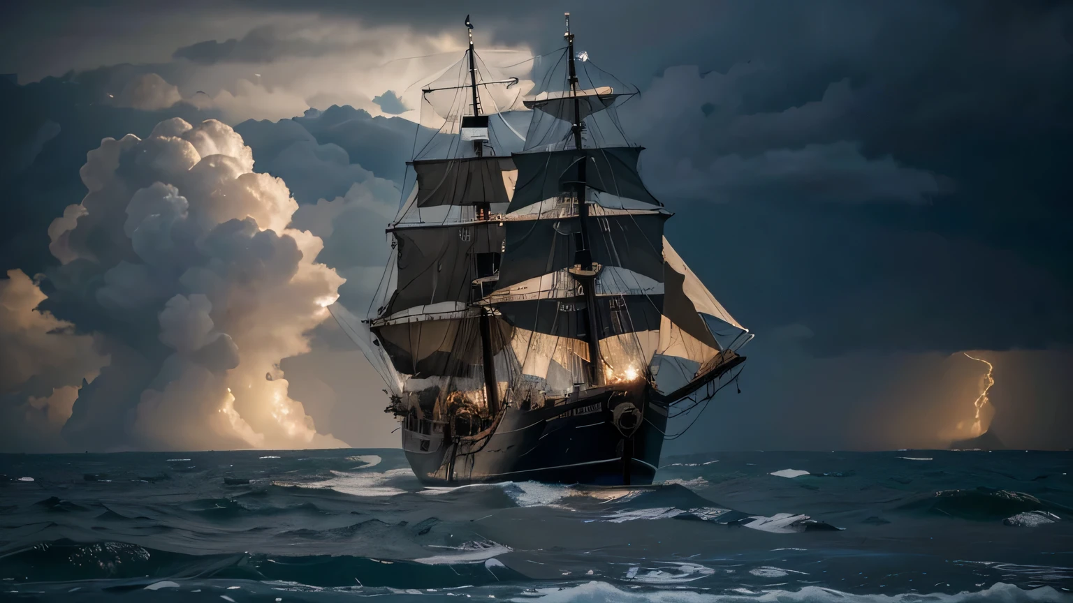 un barco pirata, navegando en mar abierto, en una tormenta, el cielo nublado, con nubes negras, rayos, lluvia, panoramica, Canon, highres, 16k, 8k, award winning, high quality, super detail