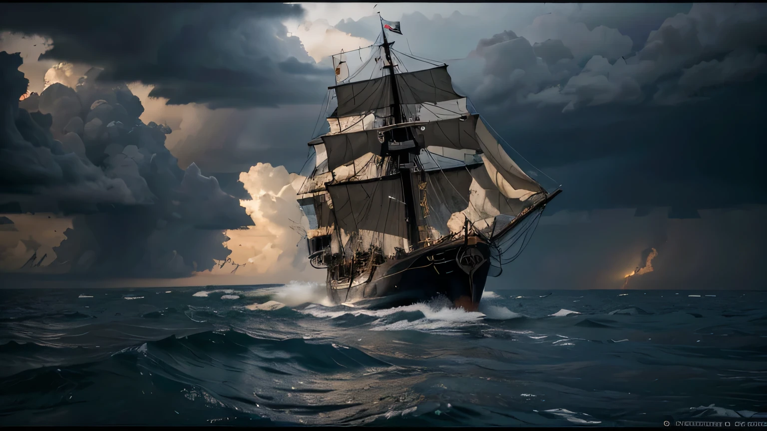 un barco pirata, navegando en mar abierto, en una tormenta, el cielo nublado, con nubes negras, rayos, lluvia, panoramica, Canon, highres, 16k, 8k, award winning, high quality, super detail