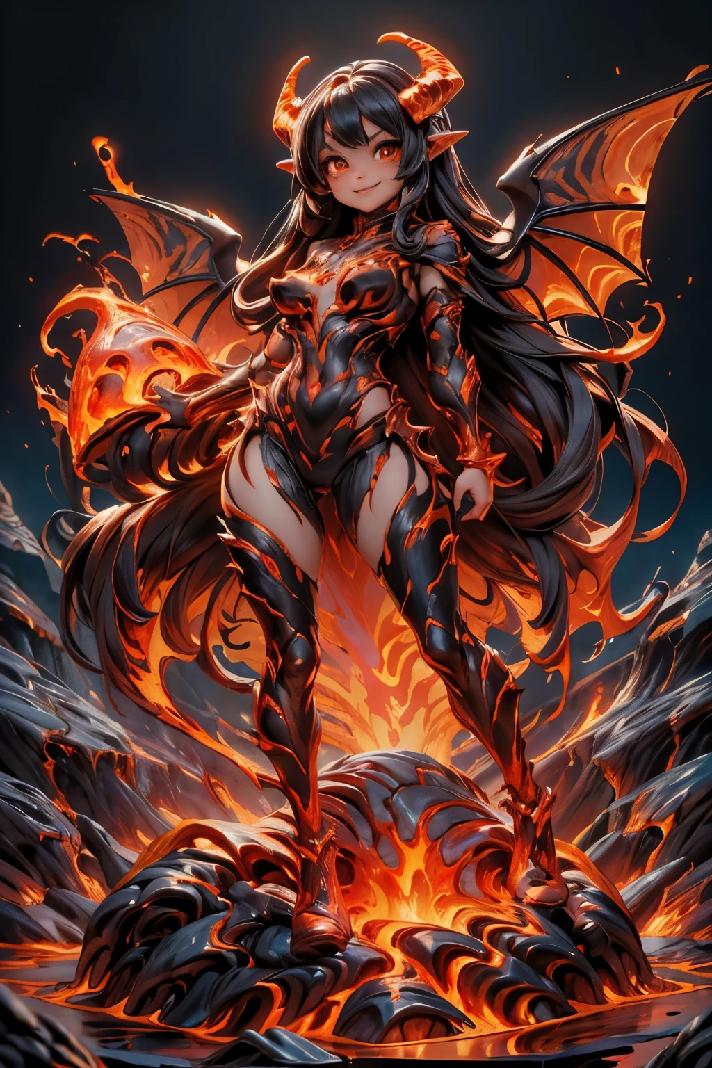 best quality, masterpiece, magma material, a beautiful succubus smiling (((made of magma))), wings of lava, (((body made of lava))), flesh made of lava, large hair ((made of lava material)), photoshoot pose, dynamic pose, lava material, underworld fire scene, creepy, horror style, SFW