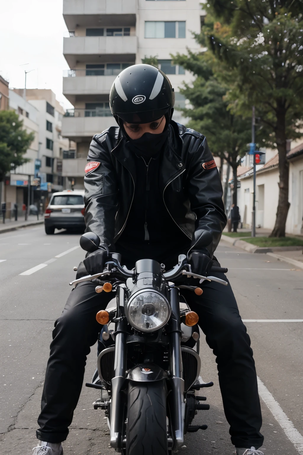 un hombre de anime montando una moto y sosteniendo un arma