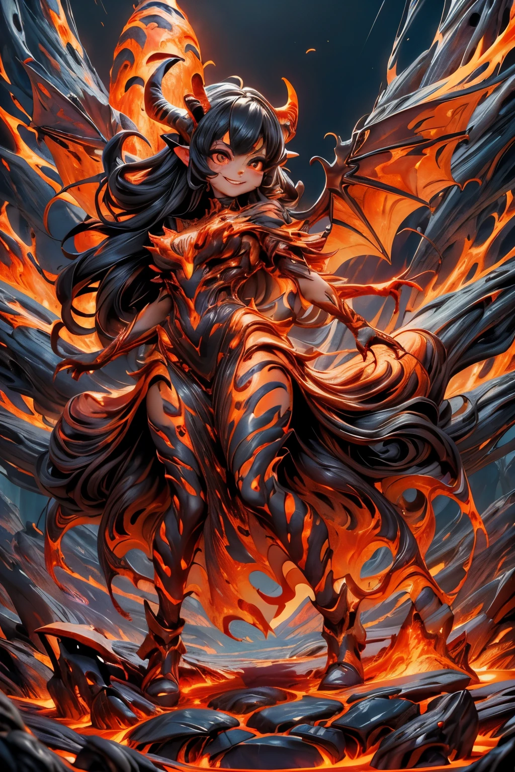 best quality, masterpiece, magma material, a beautiful succubus smiling (((made of magma))), wearing a lava dress, flaming horns, wings of lava, (((body made of lava))), flesh made of lava, outfit made of ((lava)), large hair ((made of lava material)), photoshoot pose, dynamic pose, lava material, underworld fire scene, creepy, horror style, SFW