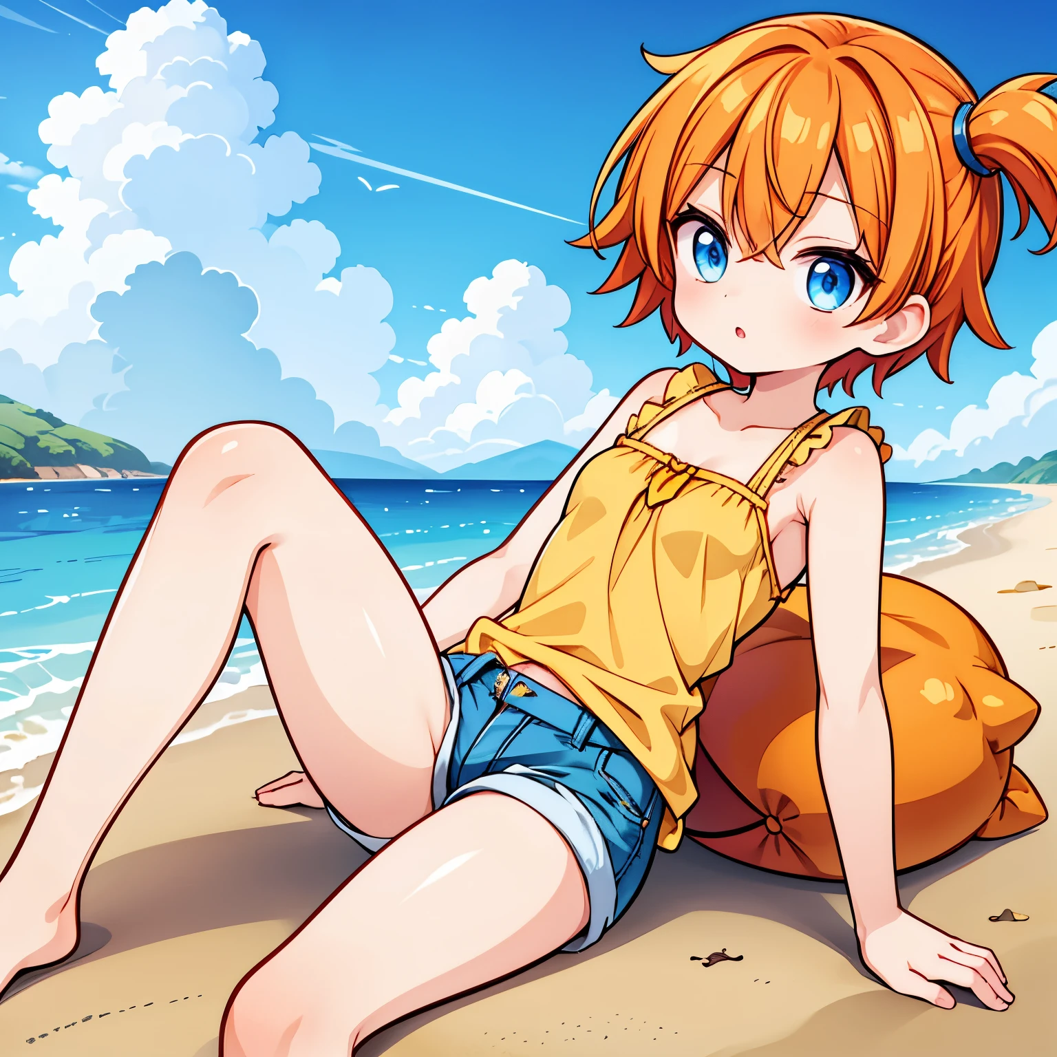 High quality, masterprice, 1 Girl, flat breasts, short orange hair, blue eyes, short yellow blouse, red braces, short jeans, on the beach, legs