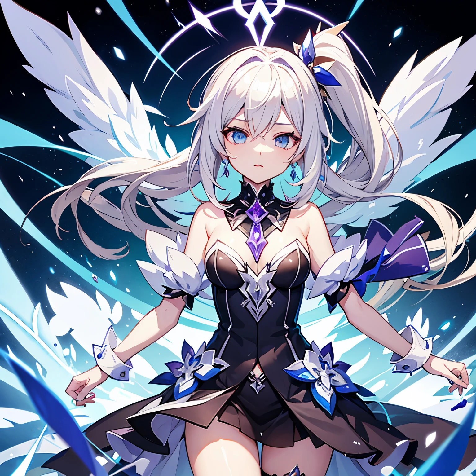 An anime-style girl with vibrant eyes, standing in a dynamic pose. Electricity crackles and sparks around her hands, illuminating her determined expression. Focus on the intricate details of her outfit and the flowing energy around her
