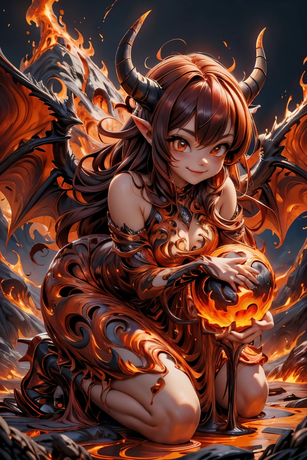 best quality, masterpiece, magma material, a beautiful horned demon smiling made of lava, dress made of lava, flaming horns, wings made of lava, large hair made of lava, photoshoot pose, dynamic angle, lava material, underworld flames scene, creepy, horror style, sfw,