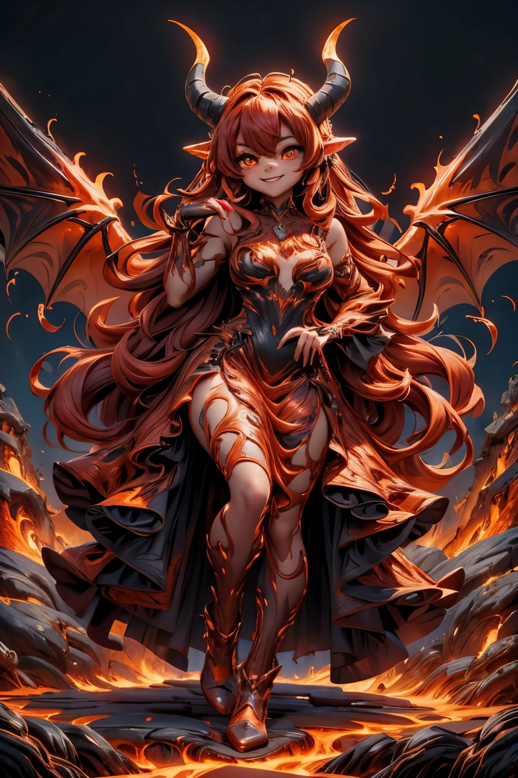 best quality, masterpiece, magma material, a beautiful horned demon smiling made of lava, dress made of lava, pumps made of lava, lava pumps, flaming horns, wings made of lava, large hair made of lava, photoshoot pose, dynamic angle, lava material, underworld flames scene, creepy, horror style, sfw,