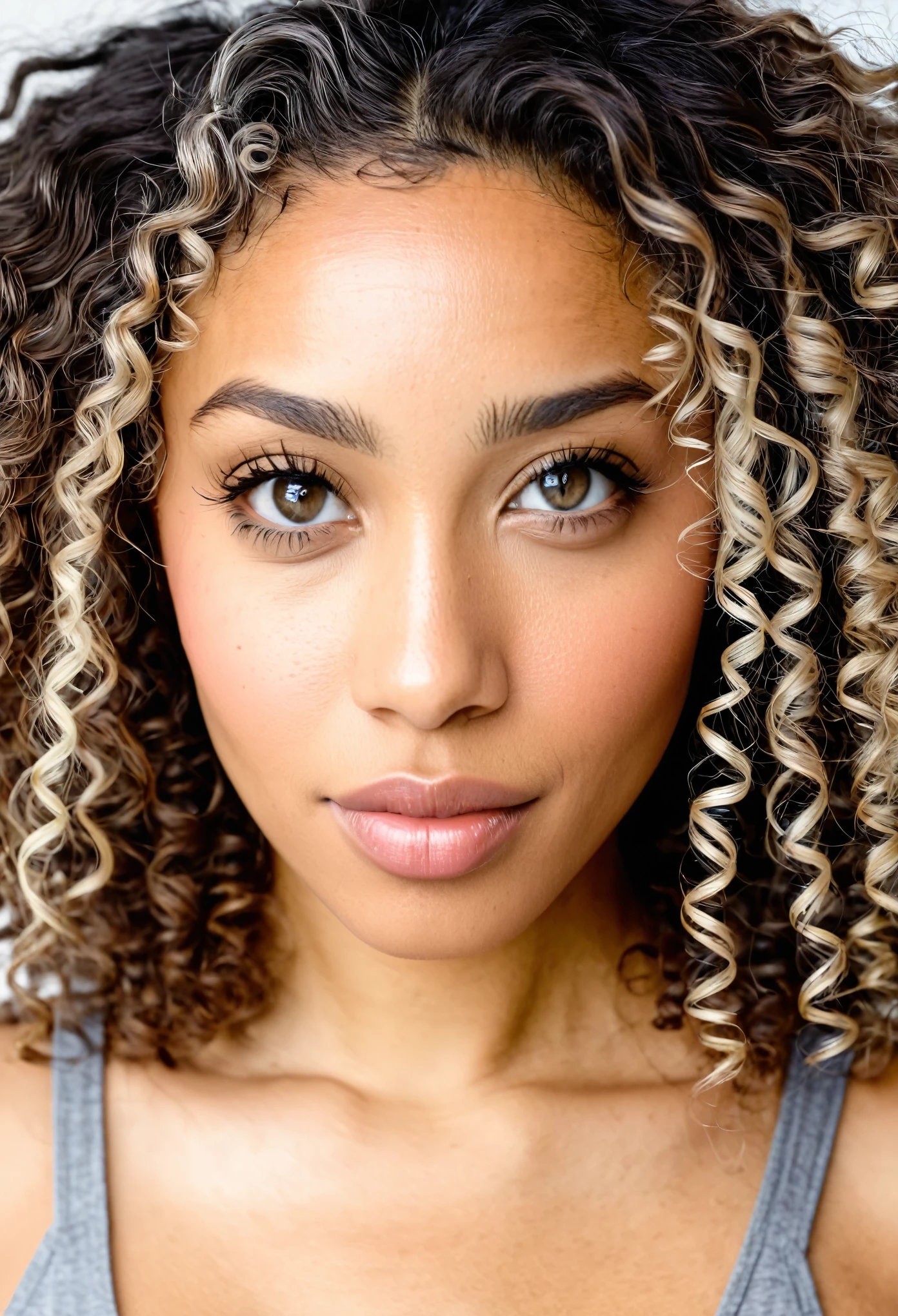 A mixed race woman with curly hair and gray eyes