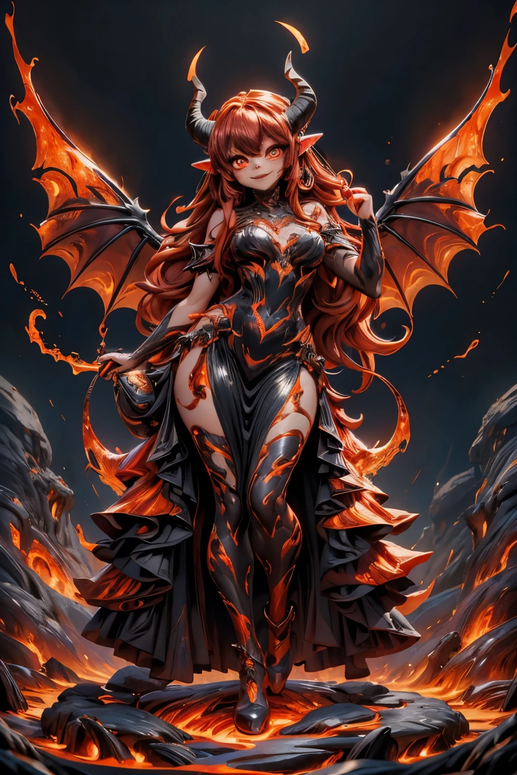 best quality, masterpiece, magma material, a beautiful horned demon smiling made of lava, dress made of lava, (pumps made of lava), (lava pumps), flaming horns, wings made of lava, large hair made of lava, photoshoot pose, dynamic angle, lava material, underworld flames scene, creepy, horror style, sfw,