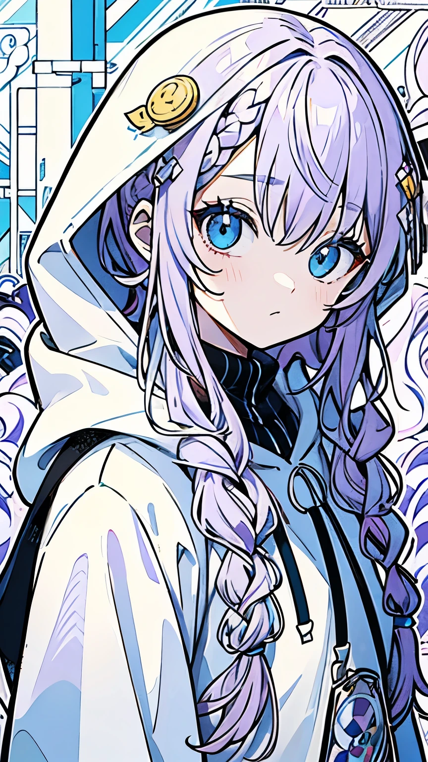 Line art, masterpiece, highest quality, Super Detail、Braid、Oversized hoodie,Light purple hair、Beautiful bright blue eyes,