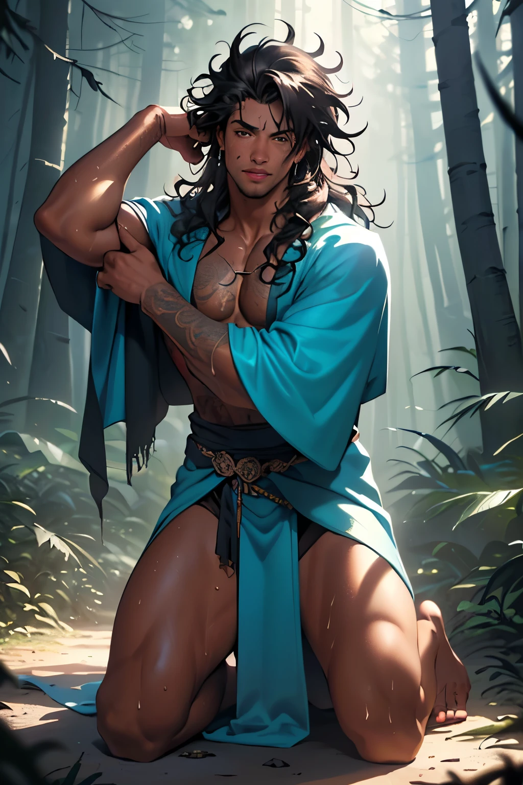 ((absurd res, best quality, 8k, hd painting, photorealistic)) portrait of male sitting, view from above, pov, 1boy, male, (muscular, girly, big thighs), solo, (seductive, romantic, looking at viewer), (messy hair, long hair, big hair, curly hair, tan skin, dark skin, sweaty body, sweat, partially clothed, undressing, hand tattoos)) full body, portrait, (kneeling, sitting, presenting, pinup, pinup pose), (soft light, magic light, pov, depth of field, bokeh,) (forest, mage, cloak, robes, jewelry, fantasy)