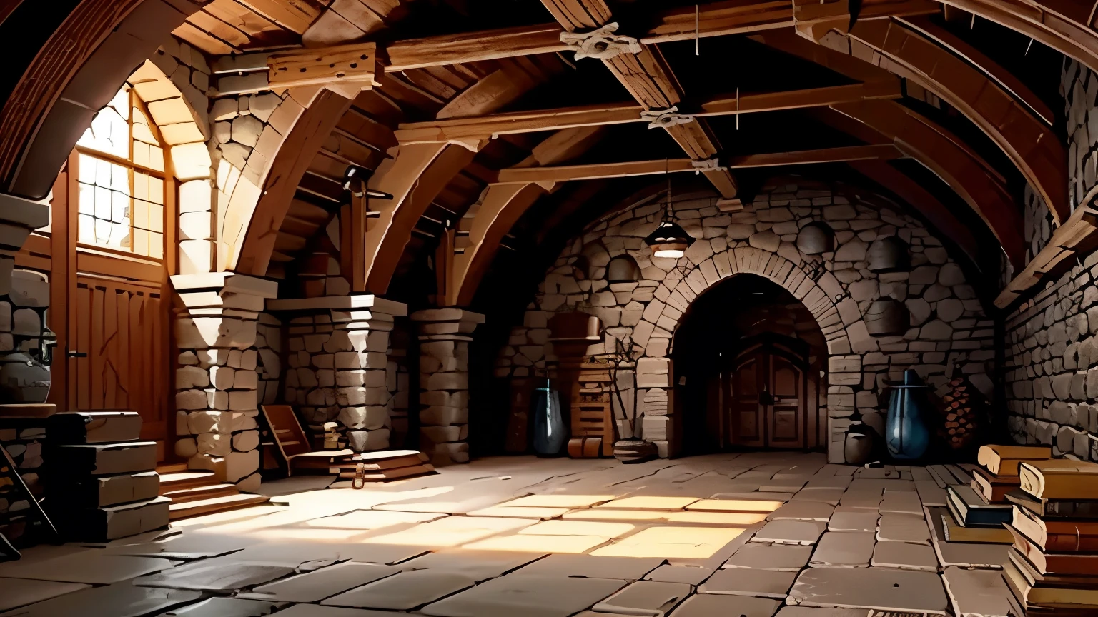 underground base, pipes, many items, armors, goblets, swords and bows, books, interior, various decorations, medieval interior