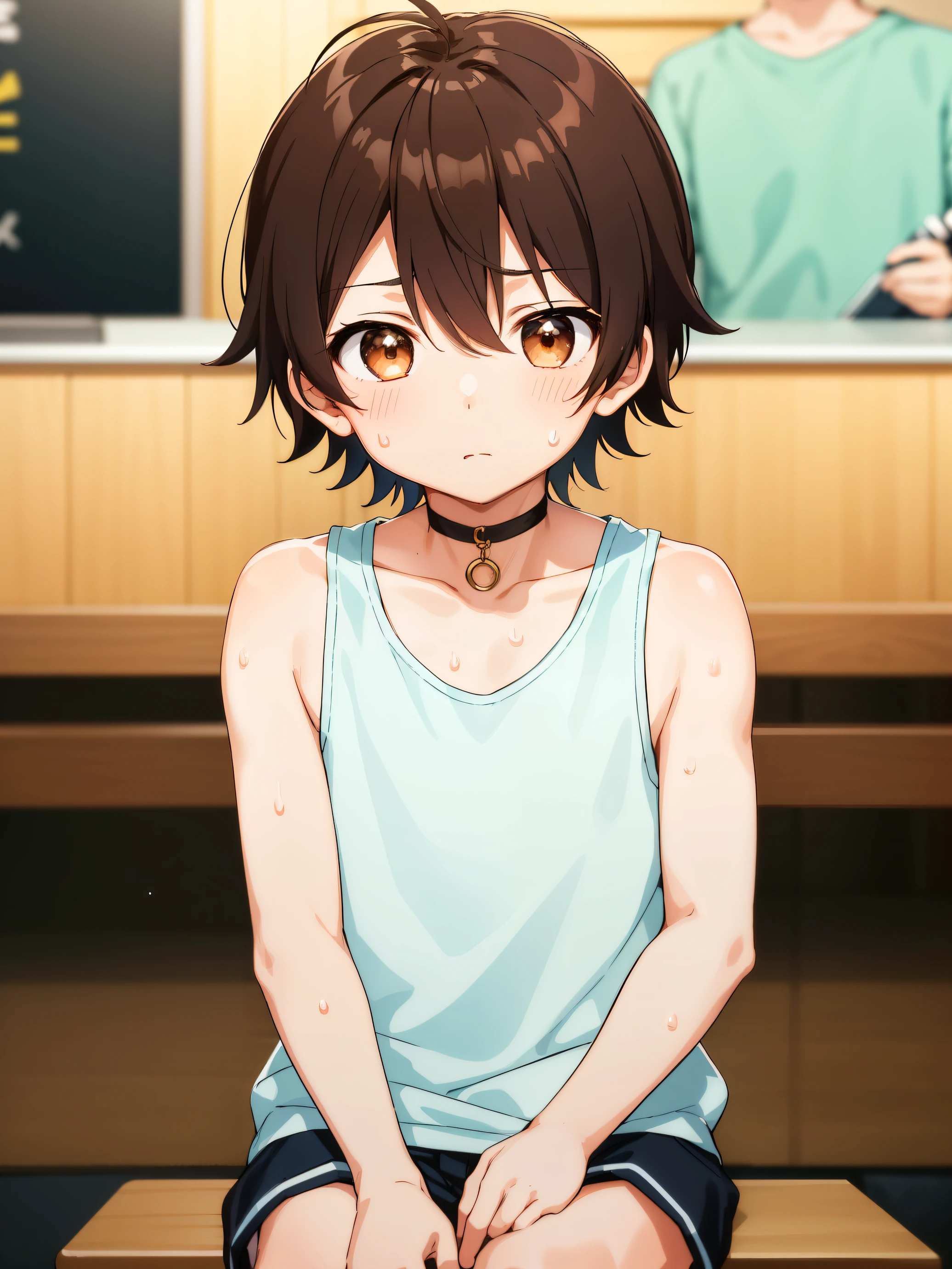 Highres, Masterpiece, Best quality at best,Best Quality,hight quality, hight detailed, 1boy, Boy,Fluffy hair, Side bangs, Shota, Sweat, Tank top, Choker, Collarbone, Depth of field, Anime screencap style, thin line, Sitting on the chair, Seen from the front, Little sweat, Kpop, Cute boy, (very small and short stature), (very young boy), 12-year-old boys, Blurry and simple beckground, bokeh, Uhd