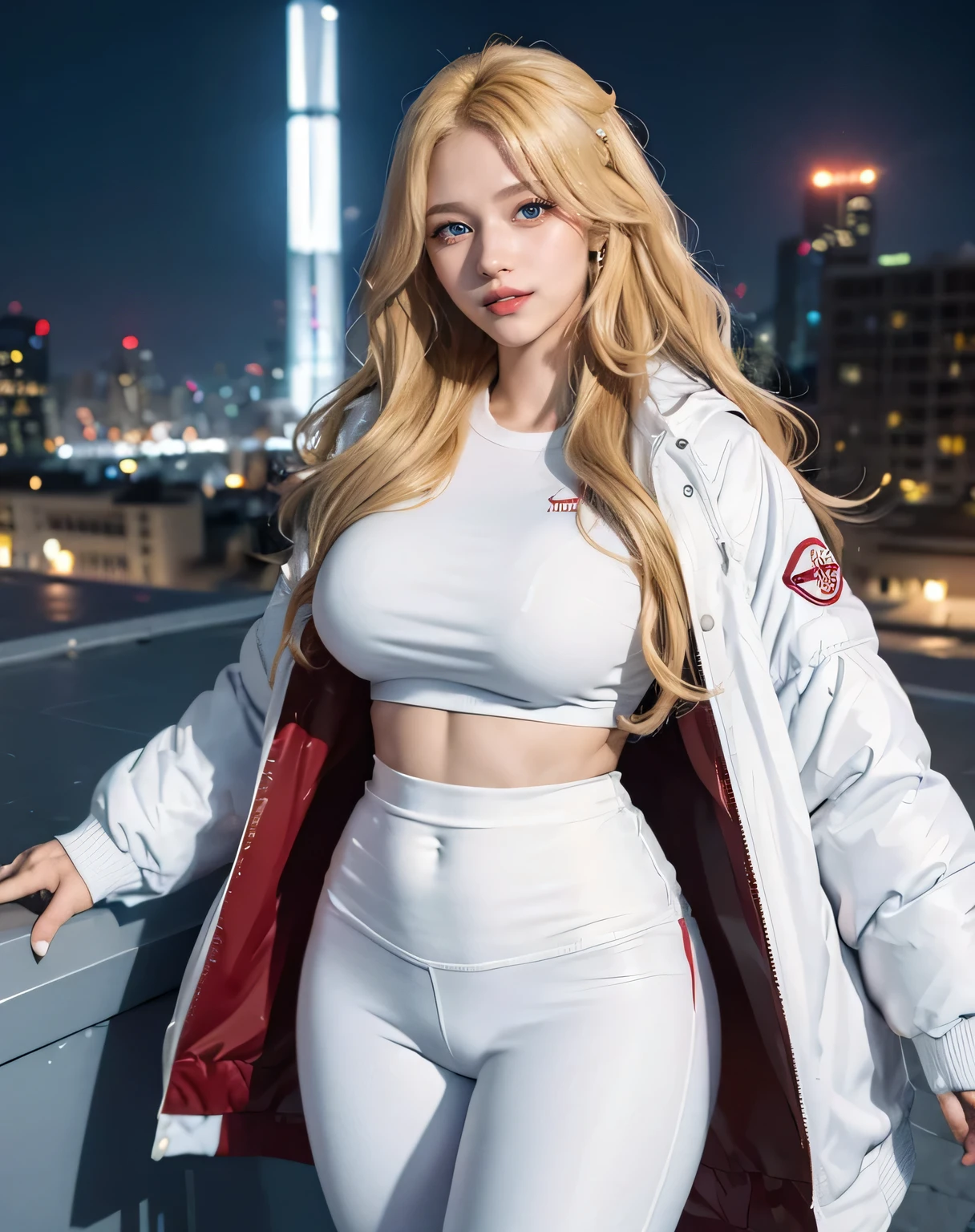 1girl, (Blue Eyes), (smiling), (Sana Minatozaki), (beautiful makeup :1.2), wide hips, Big tits, big ass, (thin waist: 1.2), (thick and toned thighs), (Best Quality, 8k, Masterpiece: 1.3), Clear Focus: 1.2, Perfect Body Beauty: 1.4, strong abs, Highly detailed face and skin texture, detailed eyes, double eyelids, red lips, (blonde long wavy hair :1.2), (White long sleeve t-shirt), (white warm winter jacket :1.3), (white leggings :1.2), standing, dynamic pose, in a Rooftop, city at night, buildings with colored lights in the background