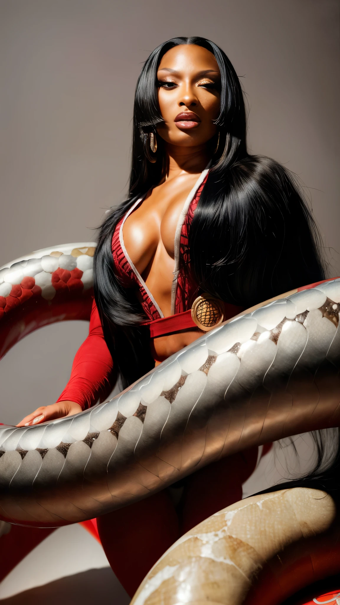 (((masterpiece+best quality+high resolution+ultra-detailed))), Megan Thee Stallion, boa hancock, long silky black hair, high nose, sharp eyes, noble and inviolable temperament, (([female]: 1.2 + [beauty]: 1.2 + black long hair: 1.2)), skull_snake background, bright eyes, dynamic angle and posture, wallpaper.