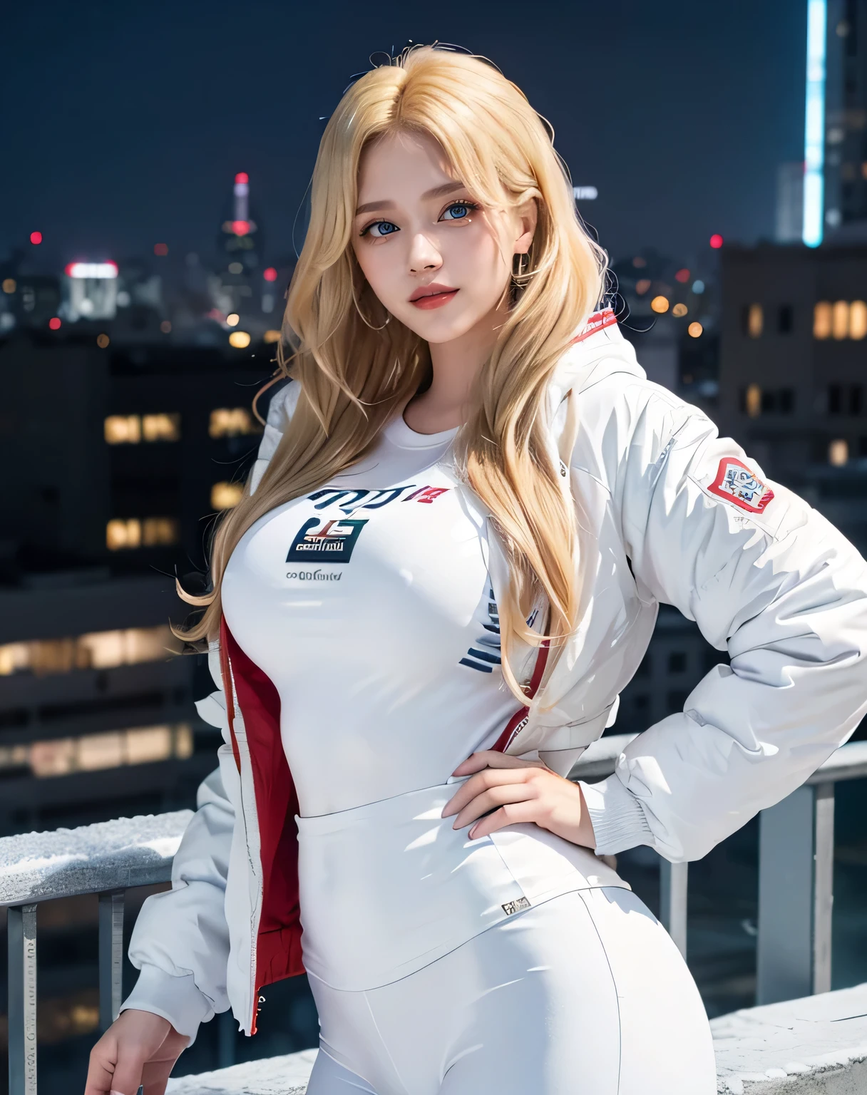 1girl, (Blue Eyes), (smiling), (Sana Minatozaki), (beautiful makeup :1.2), wide hips, Big tits, big ass, (thin waist: 1.2), (thick and toned thighs), (Best Quality, 8k, Masterpiece: 1.3), Clear Focus: 1.2, Perfect Body Beauty: 1.4, strong abs, Highly detailed face and skin texture, detailed eyes, double eyelids, red lips, (blonde long wavy hair :1.2), (White long sleeve t-shirt), (white warm winter jacket :1.3), (white leggings :1.2), standing, dynamic pose, in a Rooftop, city at night, buildings with colored lights in the background