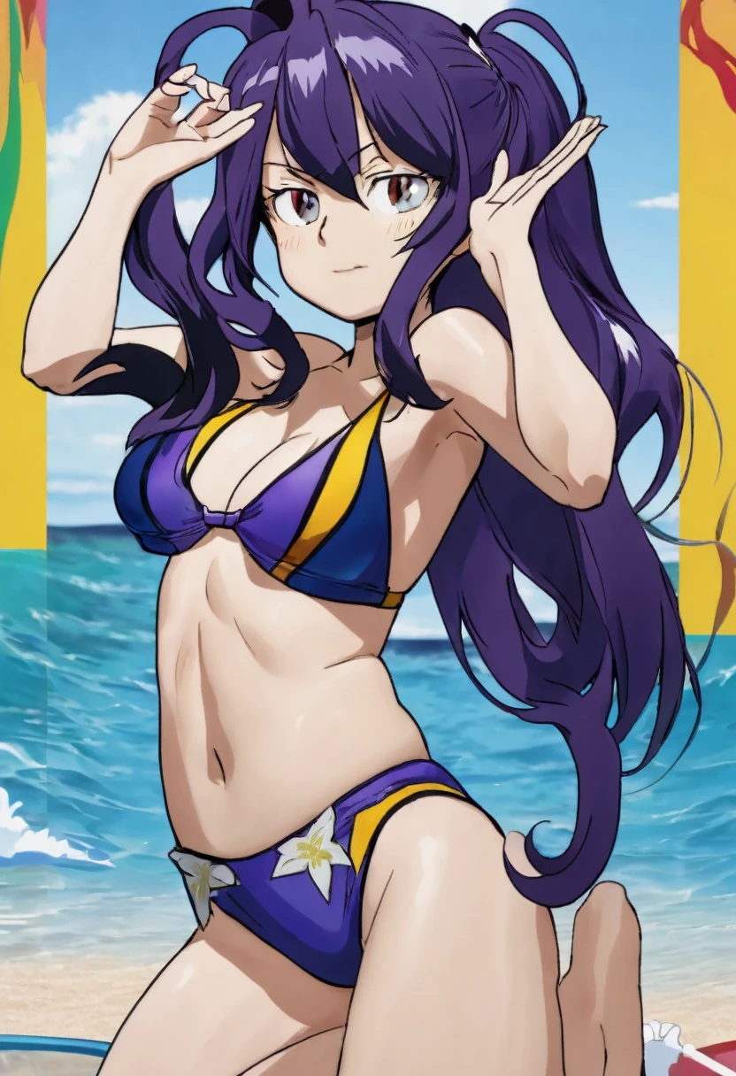 (masterpiece, best quality, high resolution, 8k:1.2),(anime), Roxy_Migurdia(mushoku tensei), 1girl, Blue eyes, Crimson blue hair, twin braids, long hair, small breasts, solo, (pink bikini, frills, beach, smile:1.3), (watching at viewers:1.2), dynamic angles,