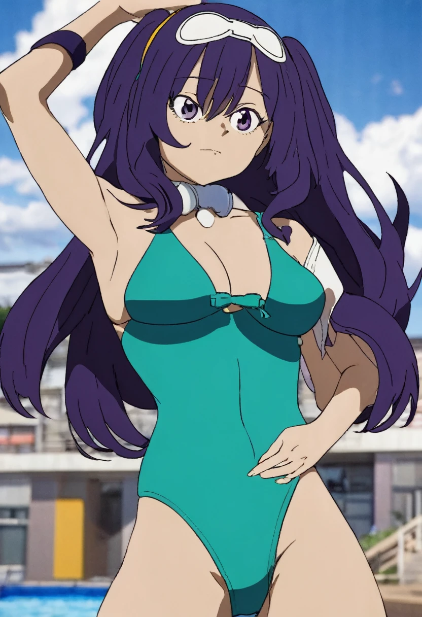 Masterpiece, best quality, Masterpiece, best quality, 1 woman, brown hair , sly face , purple bikini , big breasts , abdomen , Long legs , Put your hands on your hips.. , Barefoot , Full body , abandoned factory , at night