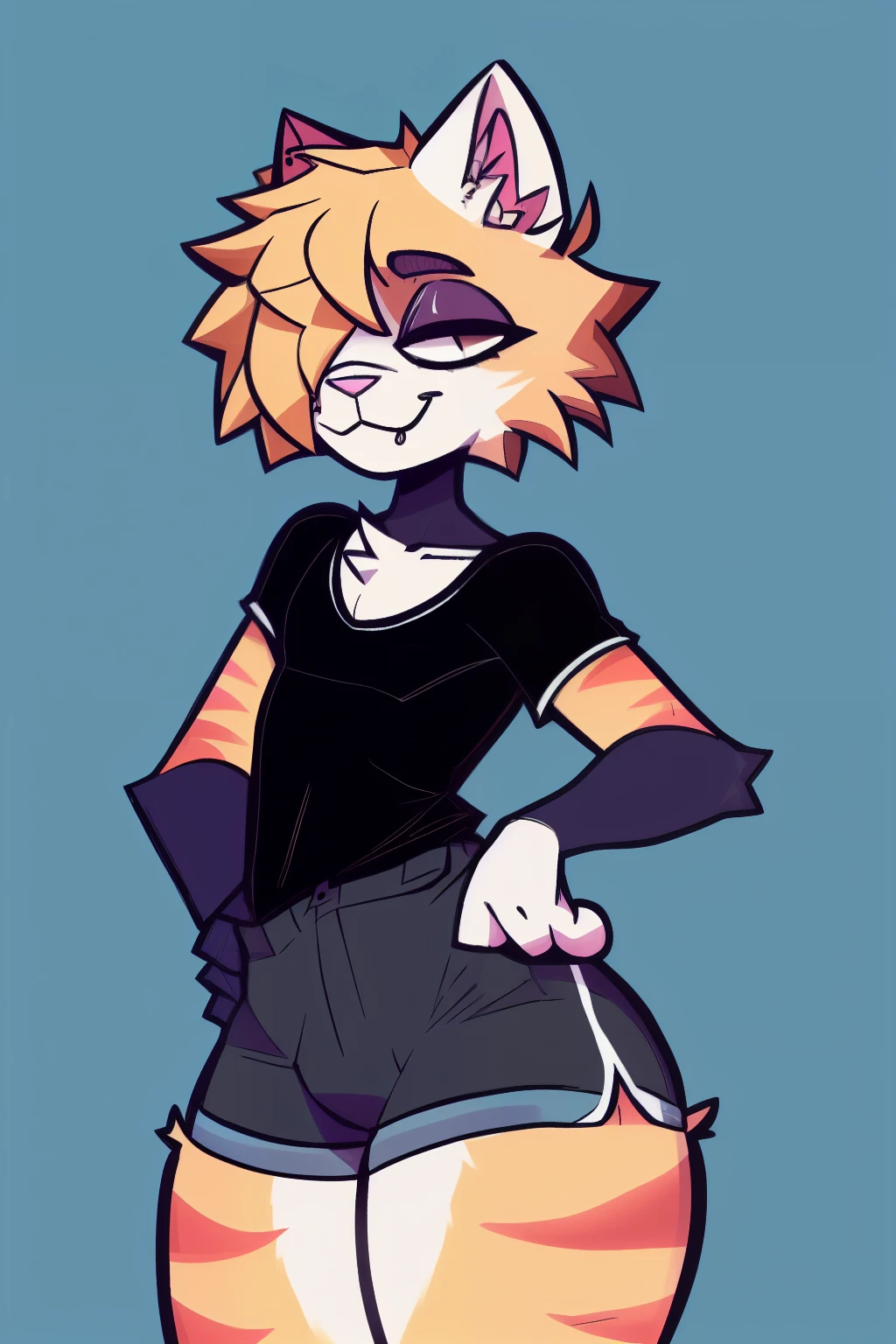 by Xexeezy, Xexeezy, BREAK
shaded, countershading, three-quarter portrait, three-quarter view
BREAK
tabby cat, domestic cat, feline, felid, hair, brown hair, messy hair, (hair over eye, one eye obstructed:1.1), brown body, brown fur, white chest, white belly, white muzzle, pink nose
BREAK
anthro, solo, male, girly, thick thighs, wide hips, fluffy tail
BREAK
standing, smile, smug, mouth closed, hand on hip
BREAK
hotpants, shorts, bottomwear, shirt, t-shirt, topwear, (black shirt, black topwear, grey shorts, grey bottomwear:1.25), baggy clothing