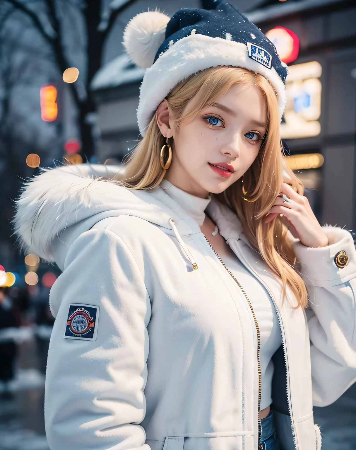 1girl, (Blue Eyes), (smiling :1.2), (closed white furry jacket :1.3), (beautiful makeup :1.1), (Sana Minatozaki), wide hips, big ass, (Best Quality, 8k, Masterpiece: 1.3), Clear Focus: 1.2, Perfect Body Beauty: 1.4, Highly detailed face and skin texture, detailed eyes, double eyelids, red lips, (blond long hair), close up at face :1.3, jeans, golden earrings, winter hat, portrait, standing, dynamic pose, in the Shibuya neighborhood of Japan at night, snowy night