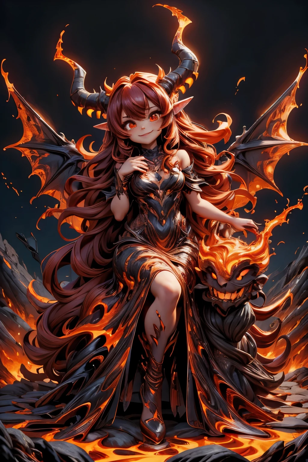 best quality, masterpiece, magma material, a beautiful horned demon smiling made of lava, dress made of lava, flaming horns, wings made of lava, large hair made of lava, pumps made of lava, lava pumps, photoshoot pose, dynamic angle, lava material, underworld flames scene, creepy, horror style, sfw,