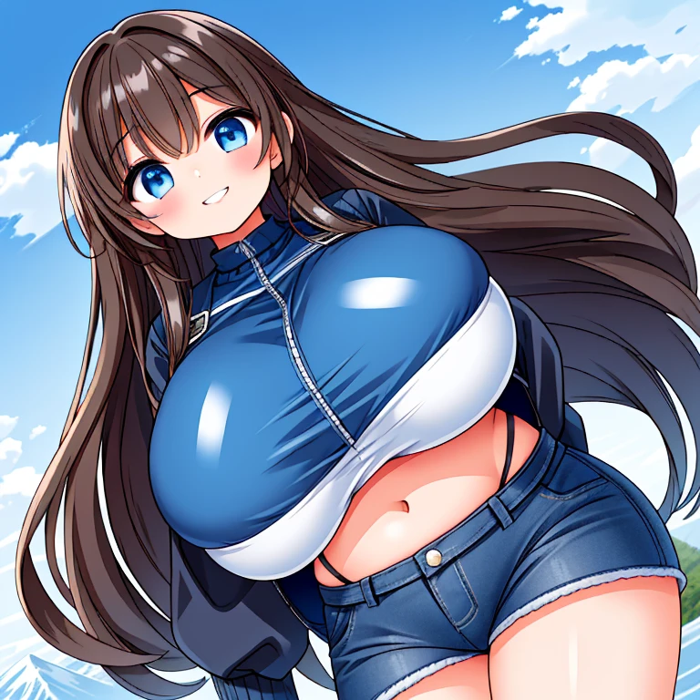 ((Masterpiece)), ((1girl)), ((Best Quality)), ((Perfectly Drawn)), ((Best Detail)).           A Beautiful Cute Girl, (Extremely Gigantic, Very Huge, Incredibly Large, Excessively Overinflated Breasts: 1.4), ((Lush, Long DarkBrown Hair)), (Big Beautiful Blue Eyes), incredibly wide hips, ((Black-Leather-Jacket)), ((Dark-Blue Spandex Cropped top)), and (DarkBlue Jeans), with a soft grin, Beautiful view of mountains in the background, Big Cleavage, 