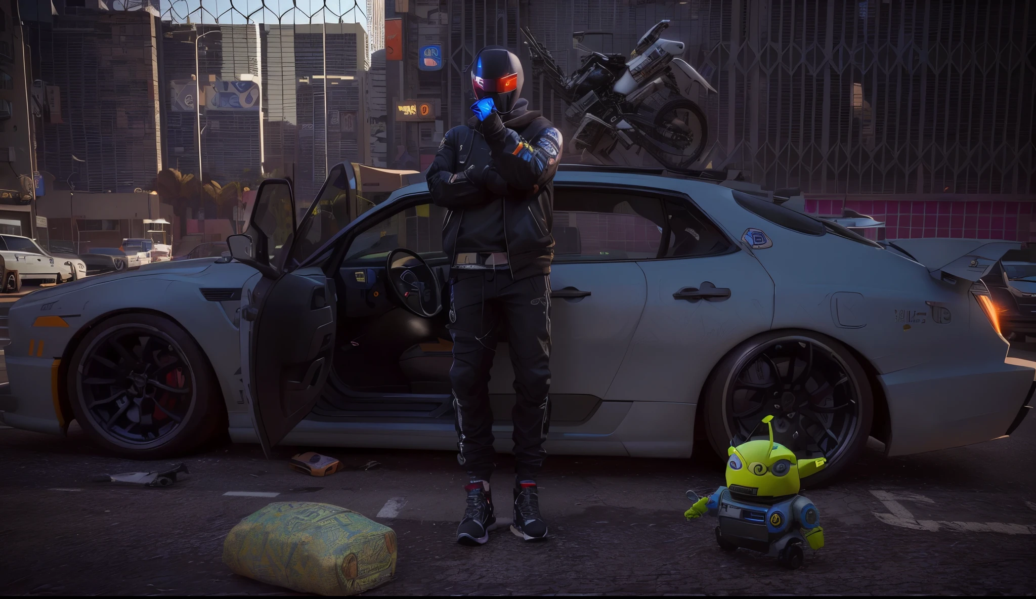 hay un hombre parado al lado de un auto con un extraterrestre de juguete, neymar en gta v, naruto in gta v, pixar renderizado de octanaje, hyperealistic renderizado de octanaje, extraterrestres en el fondo, cyberpunk street thug, pixar. renderizado de octanaje, el mandaloriano en gta v, renderizar en Pixar, monstruo robot en segundo plano, como personaje de gtav