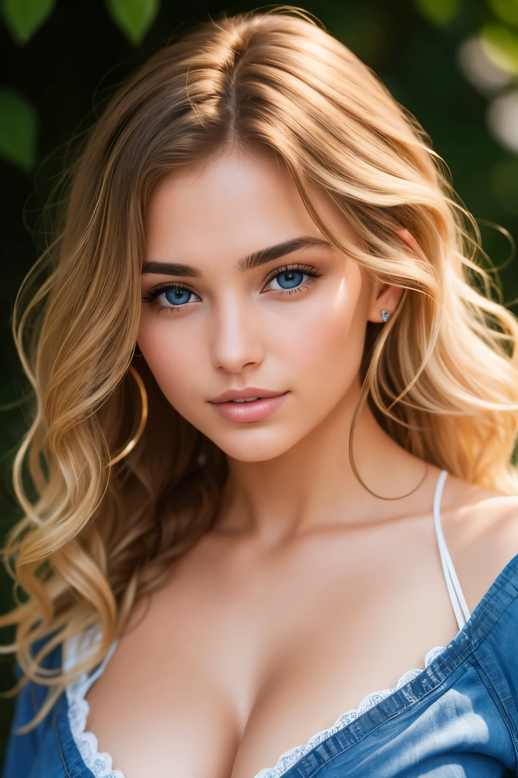Beautiful brunette woman with blonde locks, M (Medium Shot), 22 years old, medium-sized breasts, an innocent face, naturally wavy hair cascading down to her shoulders, blue eyes sparkling with life, very detail-oriented, 4K high resolution masterpiece, best quality presentation, intricately detailed, Intense focus on her expressive features, Detailed skin texture showcasing a healthy, radiant complexion, Realistic skin tone that appears lifelike, Textured texture highlighting every curve and crease, Detailed eyes expressing warmth and curiosity, Professionally captured using a Canon camera with an 85mm lens, Shallow depth of field emphas