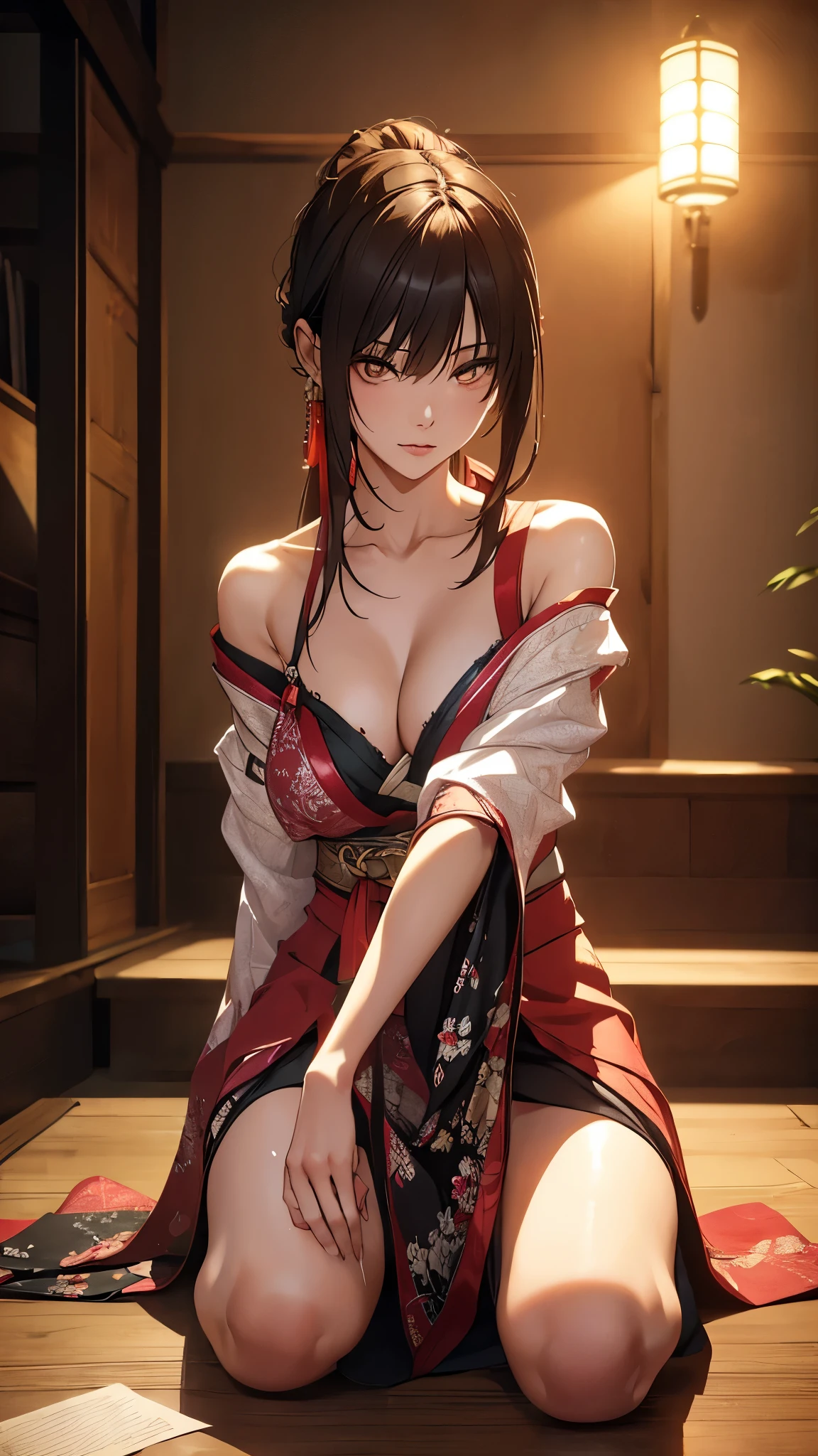 beautiful girl (Makima(chainsaw))Japanese-inspired model-like appearance): medium perky breasts, slender graceful body, long legs, elongated oval face, deep striking eyes, sitting on the floor with knees hugged by hands. (best quality, 4k, highres, masterpiece:1.2) , ultra-detailed, (realistic, photorealistic, photo-realistic:1.37), HDR, UHD, studio lighting, extreme detail description, professional, vivid colors, dramatic lighting