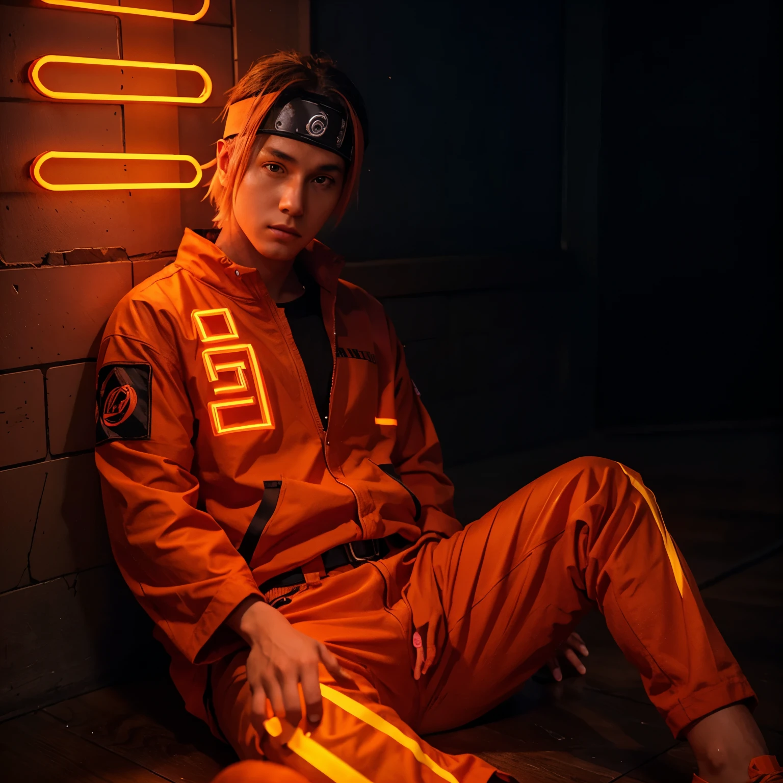 naruto sitting beside the name text " NDESS " with orange neon lighting effects, 3d text
