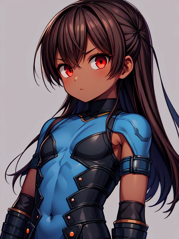 Dead or Alive Kasumi, Masterpiece High res, high definition, (((dark skin tone))),dark skin male, dark skin, cute shota,red eyes, black hairpin, brown hair, long dark brown hair, wearing a black exoskeleton,blue bodysuit,black exoskeleton ninja suit, blue design,