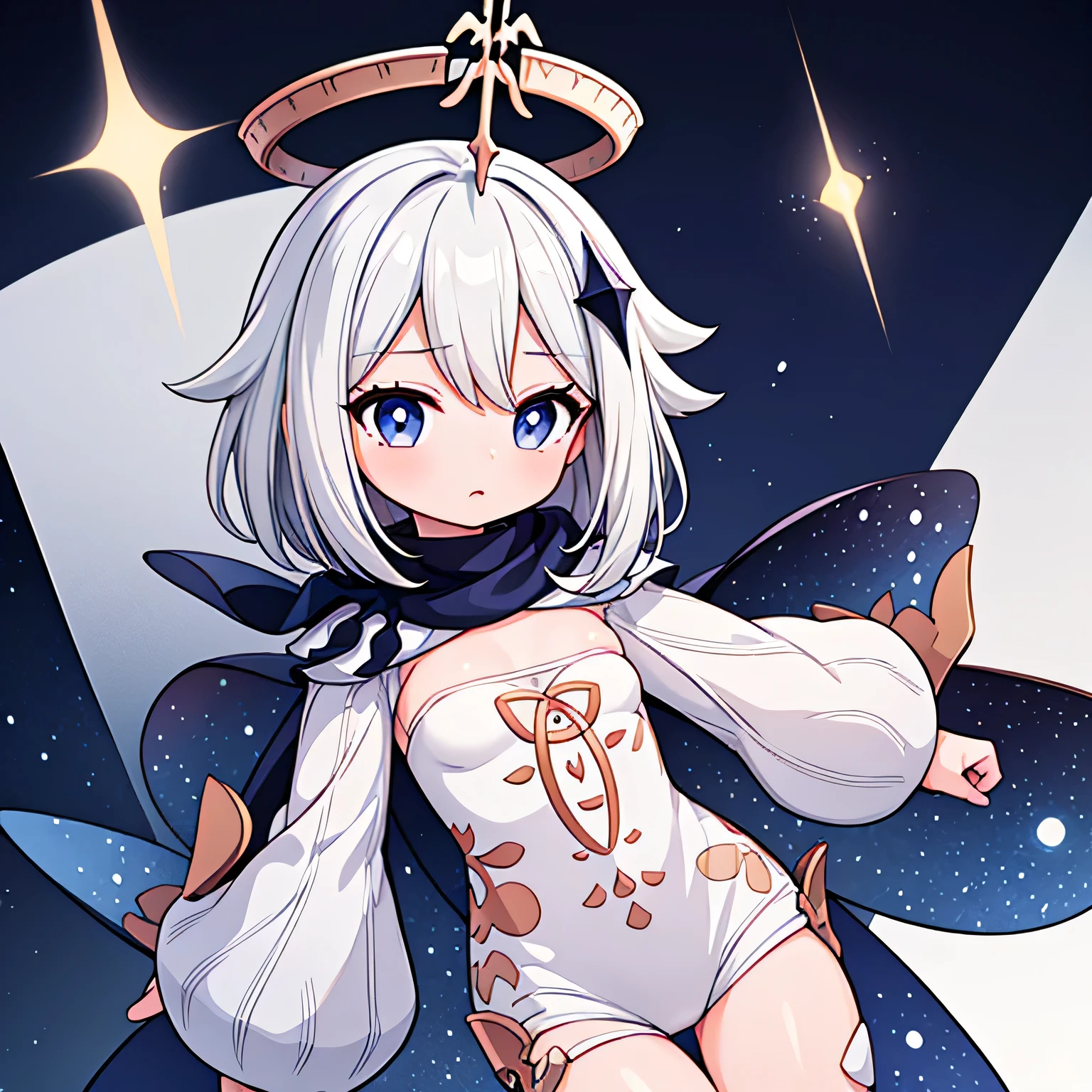 High quality, masterpiece, girl, paimon, flat breast, short silver hair, blue eyes, paimon clothes 