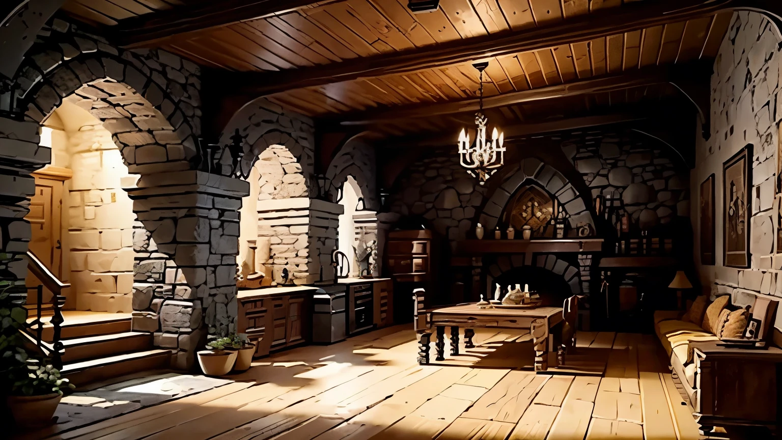 underground base, cave house, many items, armors, goblets, swords and bows, books, interior, various decorations, medieval interior