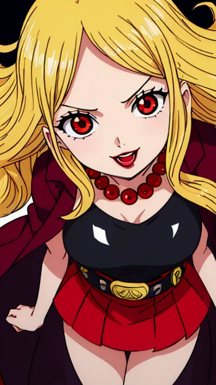 Beautiful anime girl, solo, 1girl, looking at viewer, cute, beautiful, red eyes, long hair, open hair, blonde hair, short braids in hair, strawhat, one piece, smiling, smooth skin, light skin, red lips, anime, best quality, masterpiece, extremely detailed, 4k, red eyes, beautiful red eyes, detailed face, detailed eyes, black top, red open coat, black skirt, golden belt, golden necklace, golden earings, standing, extremely beautiful, highres, high quality eyes, hair covering one eye,  wanostyle, ((masterpiece)), (best quality), (extremely detailed), depth of field, sketch, dark intense shadows, sharp focus, soft lighting, hdr, colorful, good composition, spectacular, anime screencap, (Highest quality illustrations:1.2), (Kawaii Girl:1.1), (1girl in, solo:1.5), One pose、Neat and clean image、ultradetailed eyes:1.2), ((red-eyed、Blonde hair:1.5))、hair wavy、curlyhair、huge smile, hair wavy、BREAK(top-quality、ultra-detailliert、highly detailed and beautiful、超A high resolution、Detailed arm:1.2)、a closeup、bustup, Wink, normal sized breasts, ocean beach background